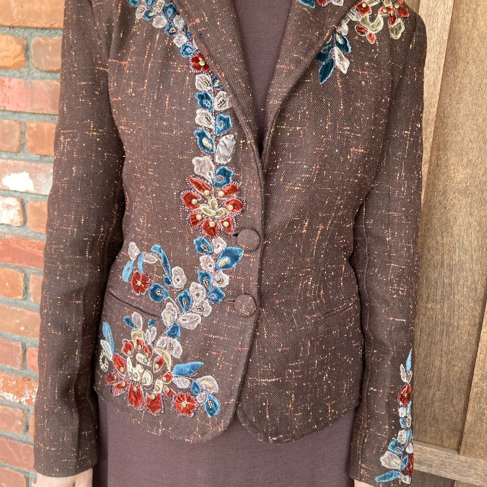 Brown Floral Embroidered Blazer